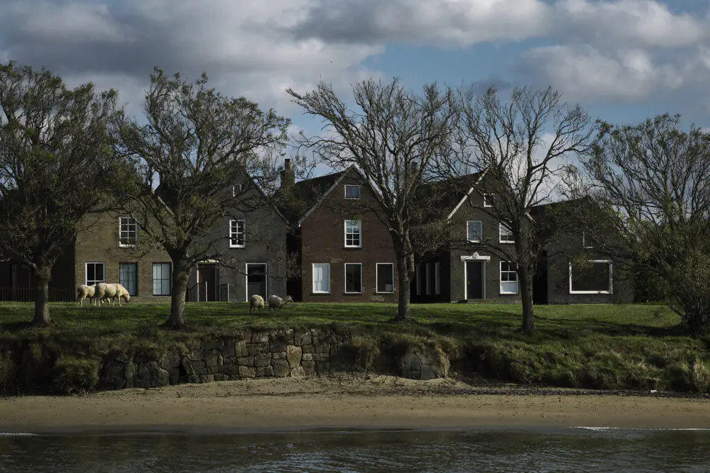 Rij bakstenen huizen uit de jaren dertig vlak achter een begroeide zeedijk in Zeeland
